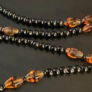 Vintage Tortoise Art Glass Beaded Necklace, Black Crystal Beads.